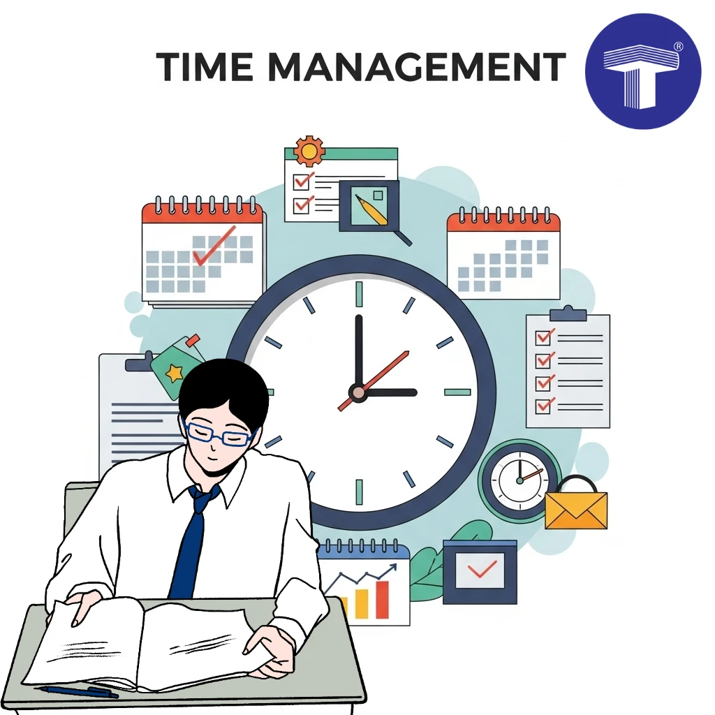 MHT CET aspirant using time management strategies with clocks, planners, and study materials