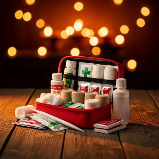 Diwali first-aid kit with burn ointment and bandages; Diwali safety precautions, health tips for Diwali, safety tips for Diwali
