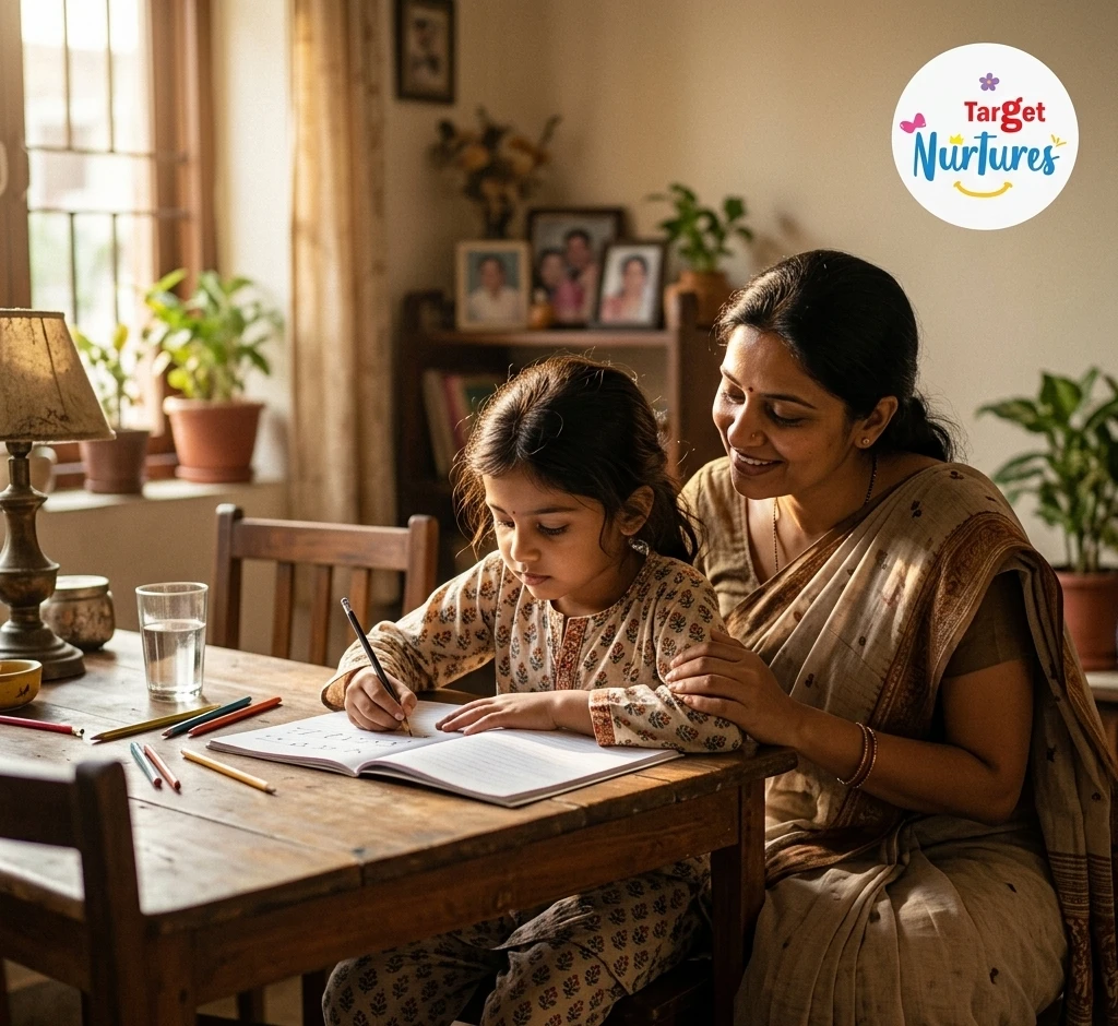 A young child sitting at a table writing sentences with a parent watching beside them, practising early writing skills