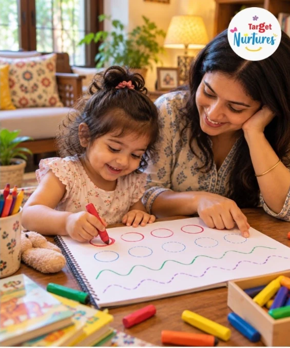 Parent and preschooler practising pre-writing skills by drawing circles and waves at home