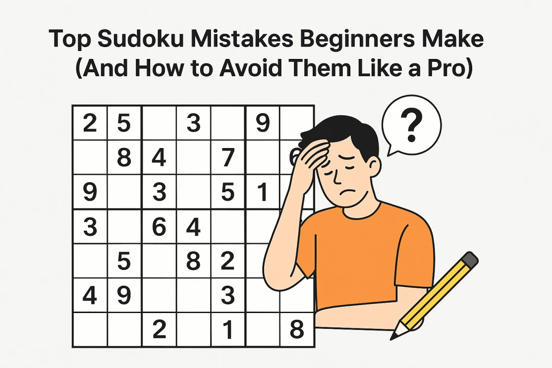 Illustration of a frustrated beginner holding a pencil and staring at a partially completed Sudoku puzzle, with the title “Top Sudoku Mistakes Beginners Make.