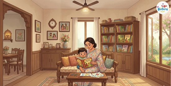 A kid sitting in his parent’s lap reading a picture book