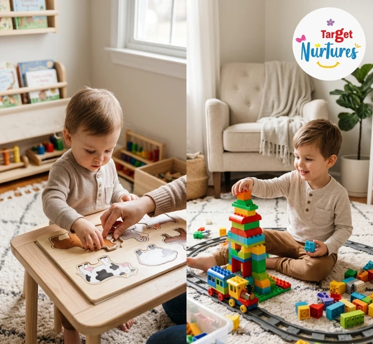 Toddler doing a guided puzzle activity next to another child playing freely with toys at home, showing structured play vs free play