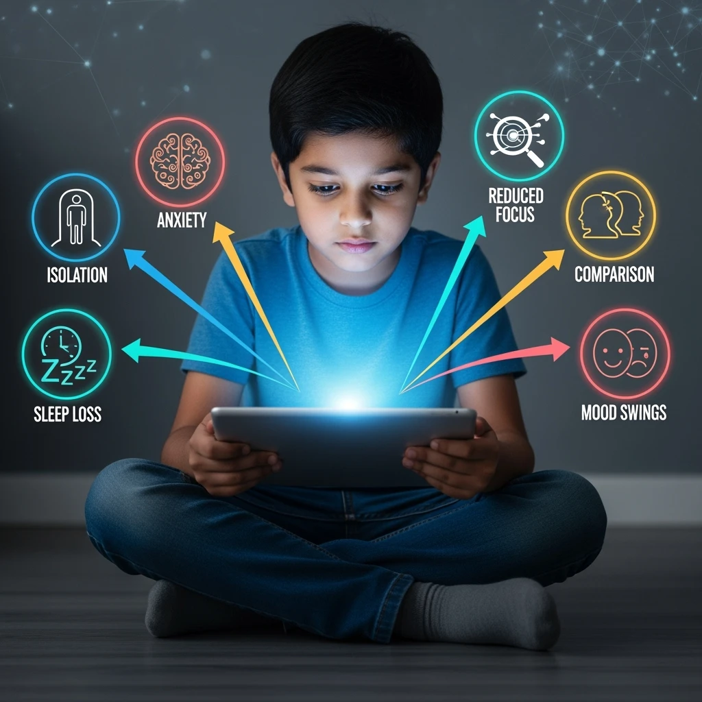 Indian mother lovingly hugging her young son on a couch, both smiling softly, symbolizing comfort, warmth, and emotional connection in contrast to social media addiction challenges.