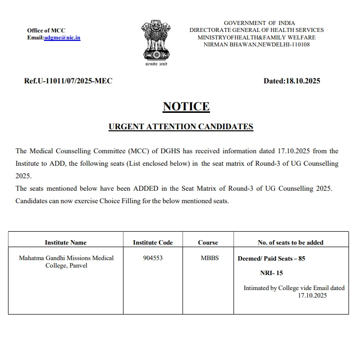MCC adds 100 MBBS seats at Mahatma Gandhi Missions Medical College, Panvel for Round-3 UG Counselling 2025