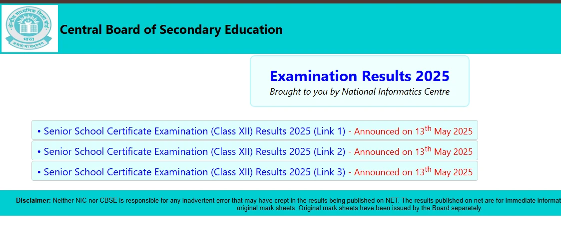 CBSE Class 12 results 2025 portal with multiple result links for students to check their marks online
