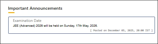 Screenshot of IIT official announcement stating JEE (Advanced) 2026 exam will be held on Sunday, 17 May 2026