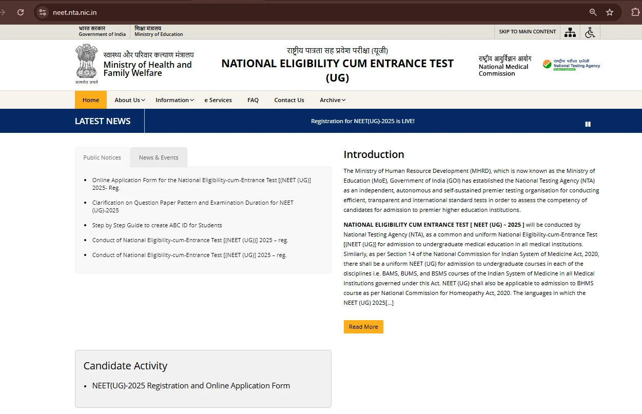 NTA NEET-UG 2025 Homepage