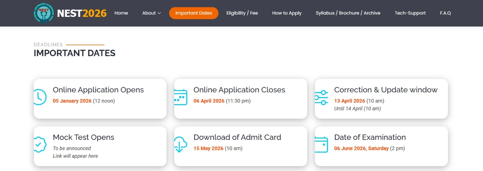 NEST 2026 important dates including application deadline and 6 June exam schedule