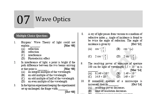 Std. 12 Physics Wave Optics chapter featuring multiple-choice questions from previous Maharashtra Board examinations