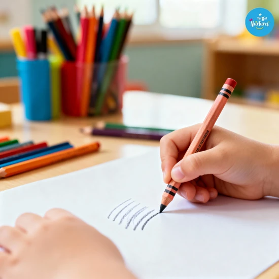 Close up of preschooler practising fine motor skills activities through drawing with crayons