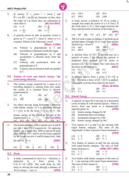 NEET 2025 Previous Year Question on Work-Energy: Calculating the ratio of braking forces for two cars with different K.E.