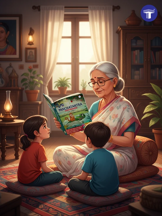 Grandmother reading Panchatantra stories to toddlers