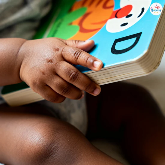 Baby holding a board book with bold illustrations