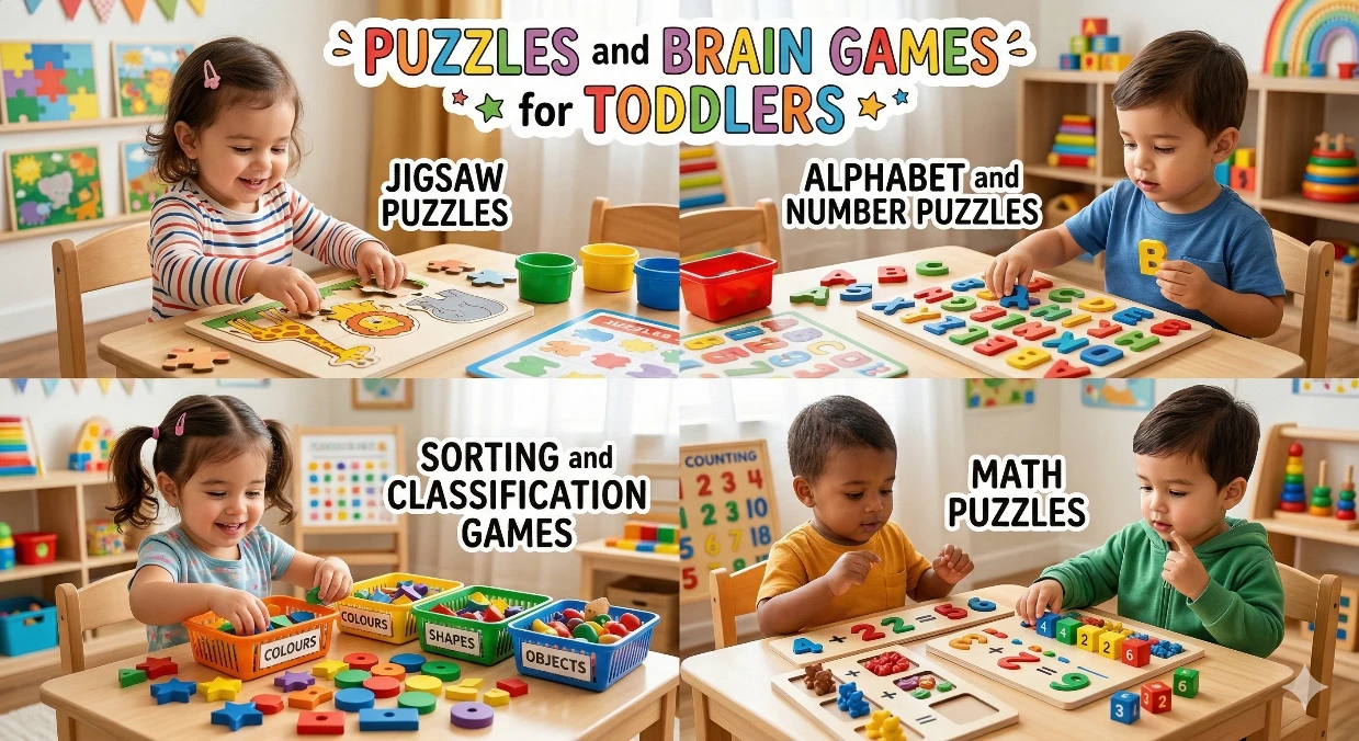 Children enjoying solving simple puzzles and brain games