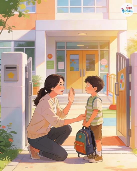 Parent using a consistent goodbye routine to reduce separation anxiety in preschoolers during school drop-off