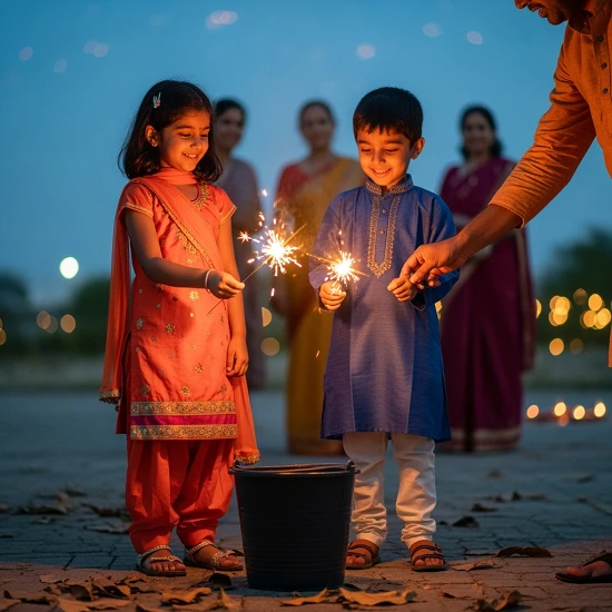 Indian children holding sparklers under adult supervision; safety tips during Diwali, Diwali safety tips for kids, safe Diwali tips