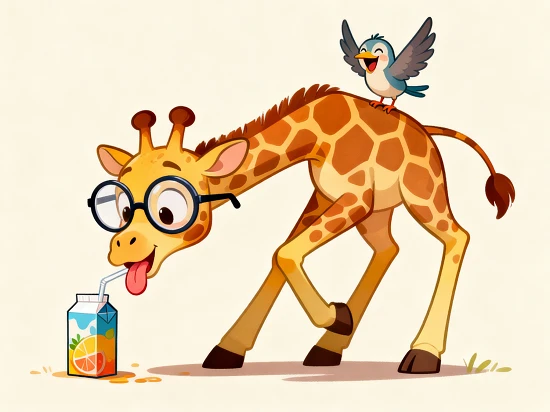 Cartoon giraffe wearing glasses, drinking juice awkwardly, small bird laughing