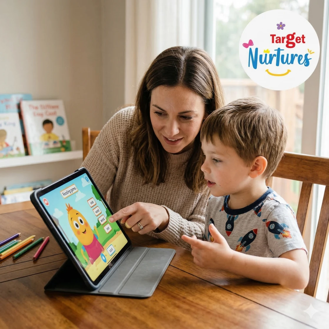 A Parent Guiding a Child While Exploring AI Learning Tools Together