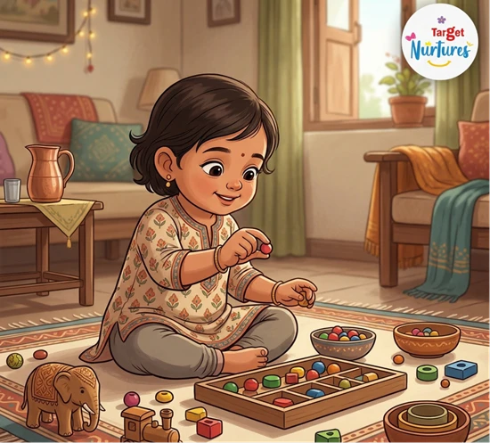 Toddler practising fine motor development with pincer grasp on a play mat