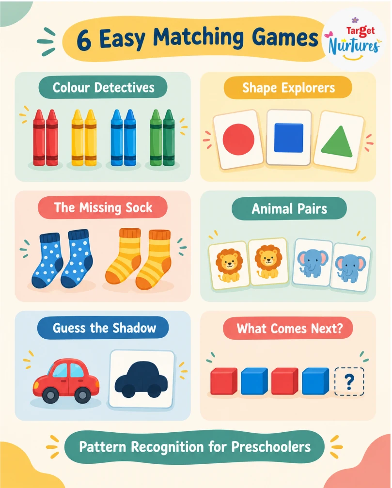 Six pattern recognition games for preschoolers, including colour, shape, sock, animal, shadow, and sequence matching.