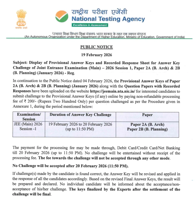 National Testing Agency notice on JEE Main 2026 Paper 2 provisional answer key and challenge window details for students view