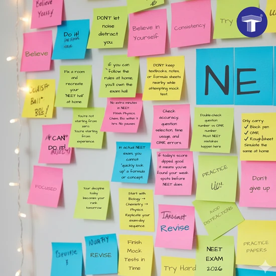 NEET exam practice tips on colorful sticky notes showing study reminders, motivation, and mock test guidelines