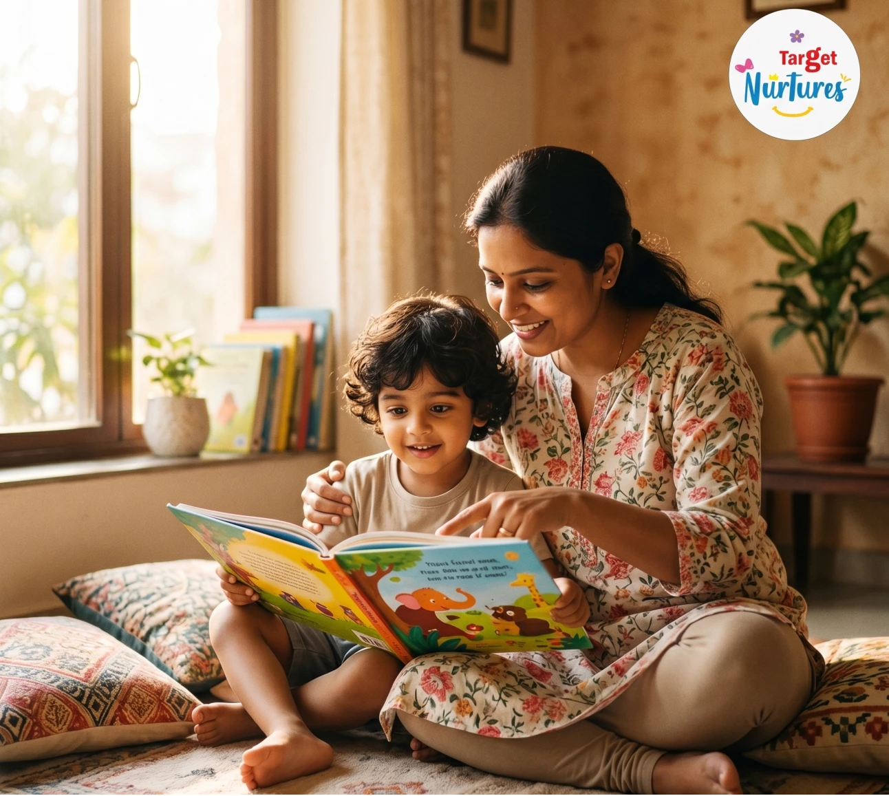 A parent and young child sitting together reading a colourful picture book to engage in reading at home