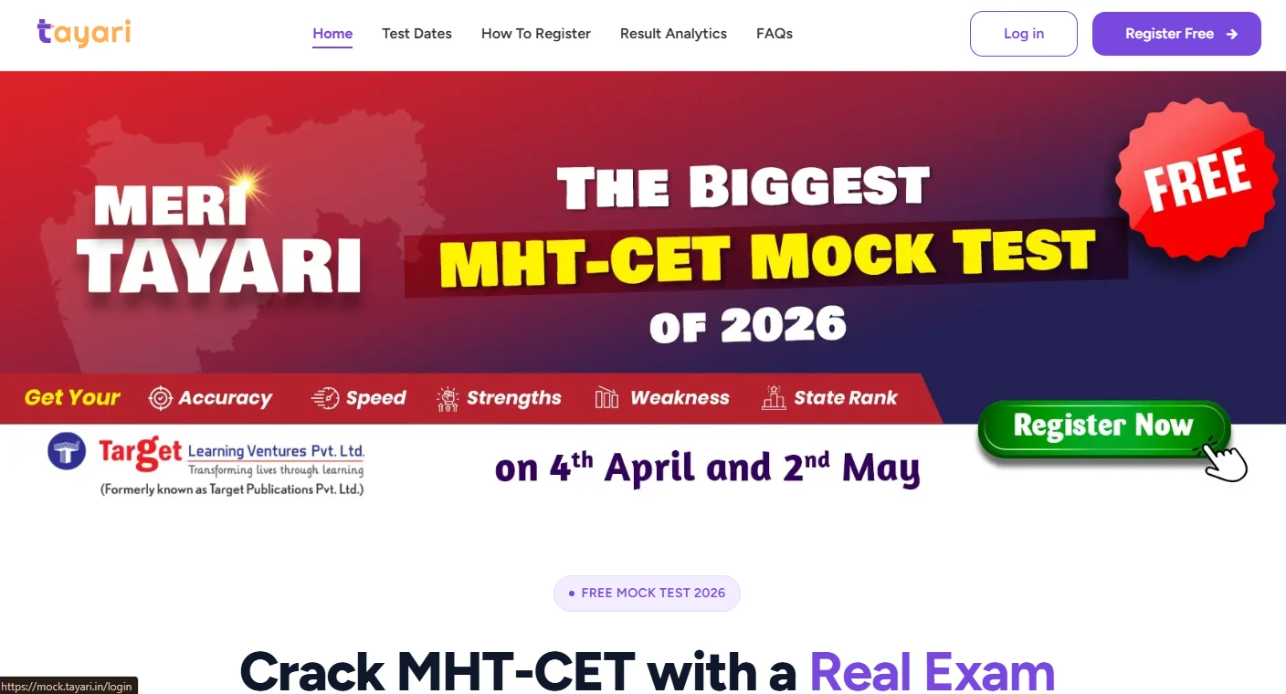 Meri Tayari free MHT CET mock test 2026 banner with exam dates 4 April and 2 May by Target Learning Ventures