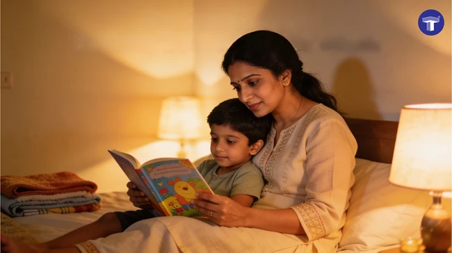 An Indian parent reading a story with their child in the evening, creating a calm screen-free evening routine that helps Indian kids unwind and feel secure