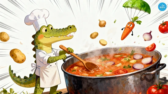 Cartoon crocodile chef stirring soup, ingredients flying, carrot falling