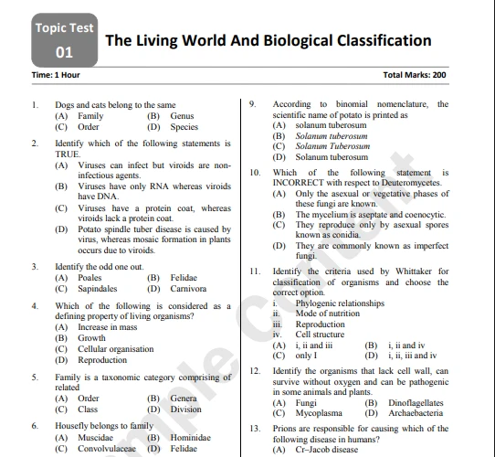 NEET test series Topic Test 01 on The Living World and Biological Classification