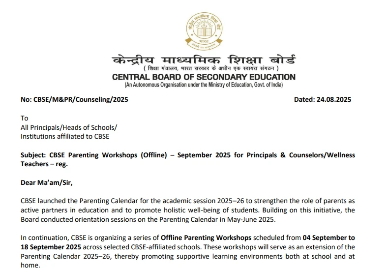 CBSE Parenting Offline Workshops 2025 for Principals, Counselors, and Wellness Teachers