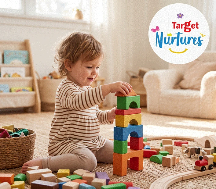 A toddler playing freely with blocks during unstructured, free play at home