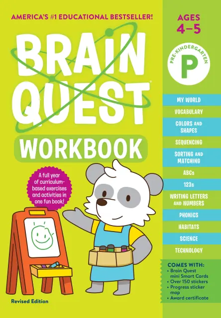 Cover of the Brain Quest Workbook for ages 4–5 (Pre-K), featuring a cartoon raccoon character holding a pencil.