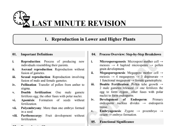 Biology Last Minute Revision Notes from Target Publications’ HSC Practice Papers – Chapter on Reproduction in Plants with definitions and process breakdown