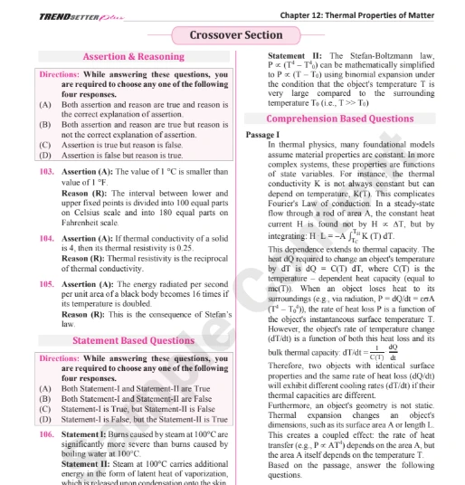 Trendsetter plus physics questions on Chapter 12 Thermal Properties of Matter including assertion reasoning