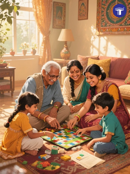 Grandparents playing board games with Indian grandchildren