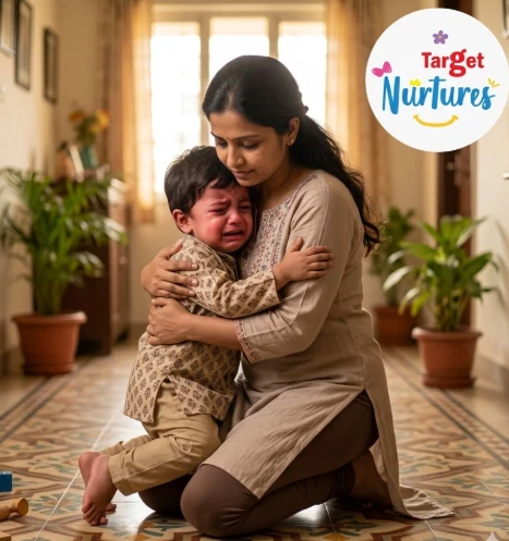 A toddler having an emotional outburst on the floor while a calm parent kneels close by, showing how to help your toddler handle big emotions
