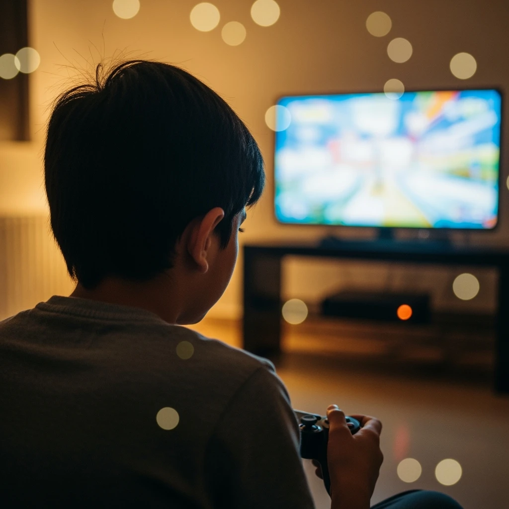 A young boy playing video games on a console in a dimly lit room, facing a brightly lit screen