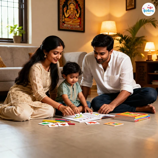 Urban Indian parents sitting with child using activity books and flashcards, showing warmth and emotional connection through modern parenting and positive parenting styles