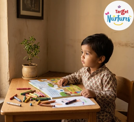 A toddler looking distracted while studying at a small desk with books and crayons, representing why kids lose focus while studying