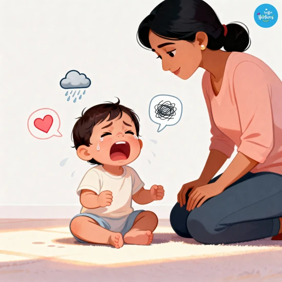 A calm parent comforting a crying toddler while emotional symbols like a storm cloud and scribbles float around, illustrating toddler tantrum psychology in a warm, child friendly style