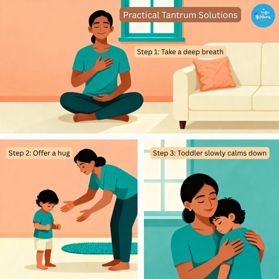 A step by step illustration of an Indian parent guiding a toddler through a tantrum using calm breathing, gentle presence and soothing behaviour