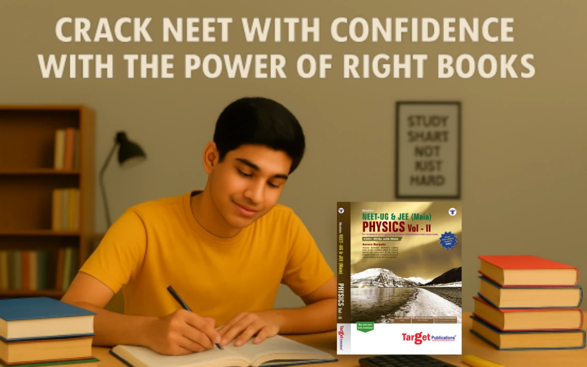 A student studying with NEET Absolute book featuring detailed theory, sub-topic-wise MCQs, and smart keys for NEET preparation