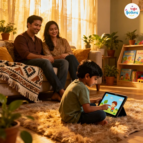 Indian child watching educational cartoon with parents nearby