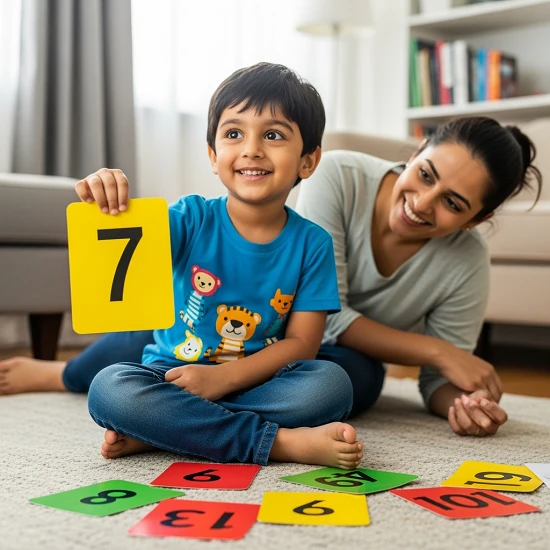 Happy young child holding a number 7 flashcard while learning with colourful number cards on the floor at home