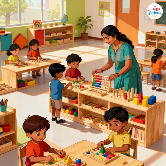 Animated modern Indian Montessori classroom with children choosing activities freely using hands-on materials in a colourful learning environment.