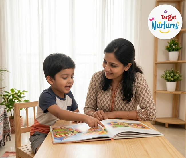 A parent and child sitting at a table together, the child pointing at a picture as the parent listens attentively, encouraging independent thinking