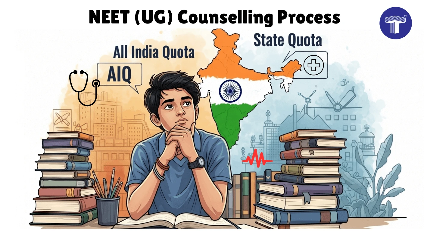 An infographic showing the NEET UG counselling process with AIQ and State Quota options
